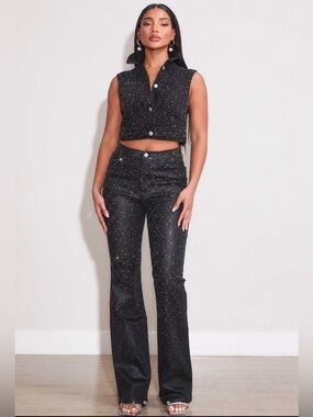 VIBRANT MIU BLACK DENIM RHINESTONE VEST AND JEANS ✨